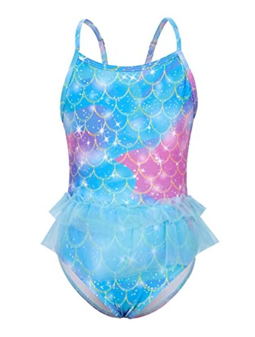 swimsobo Girls Swimsuits Bathing Suit One Piece Bikini 3D Printed Halter Sunsuit with Ruffle Tulle Frill 3-10T