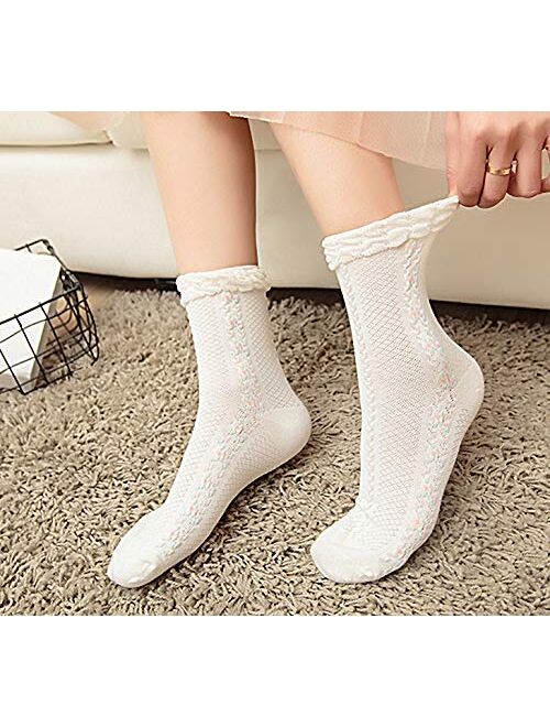 Lovful Womens Ruffle Trim Elastic Casual Socks, Cute Cotton Crew Frilly Socks, Thin Soft Dress Socks 5 Pairs, Multicolored