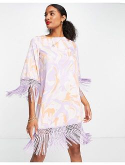 printed shift dress with fringing in pink