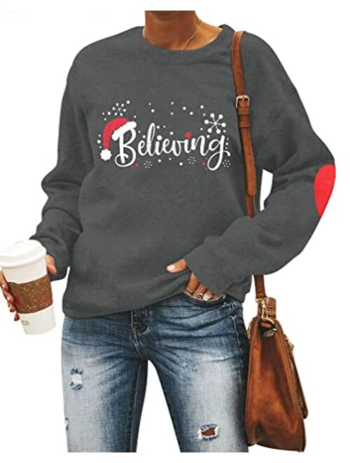 Christmas Believing Sweatshirt Women Santa Hat Pullover Funny Graphic Shirt Holiday Tops