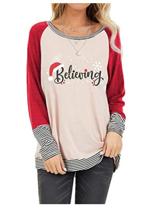 Christmas Believing Sweatshirt Women Santa Hat Pullover Funny Graphic Shirt Holiday Tops