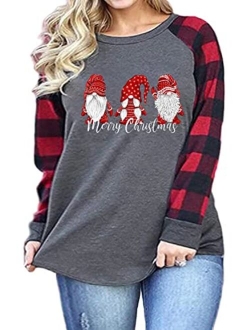 BLANCHES Plus Size Christmas Shirt Women Buffalo Plaid Tops Long Sleeve Tee Holiday Baseball Clothes