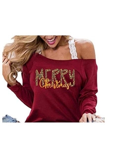 Christmas Sweatshirt for Women Cute Merry Christmas Shirt Off Shoulder Long Sleeve Pullover Top Blouse