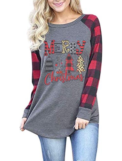 Women's Merry Christmas Shirt Tops Funny Christmas Plaid Long Sleeve Raglan Baseball T-Shirt