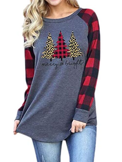 Women's Merry Christmas Shirt Tops Funny Christmas Plaid Long Sleeve Raglan Baseball T-Shirt