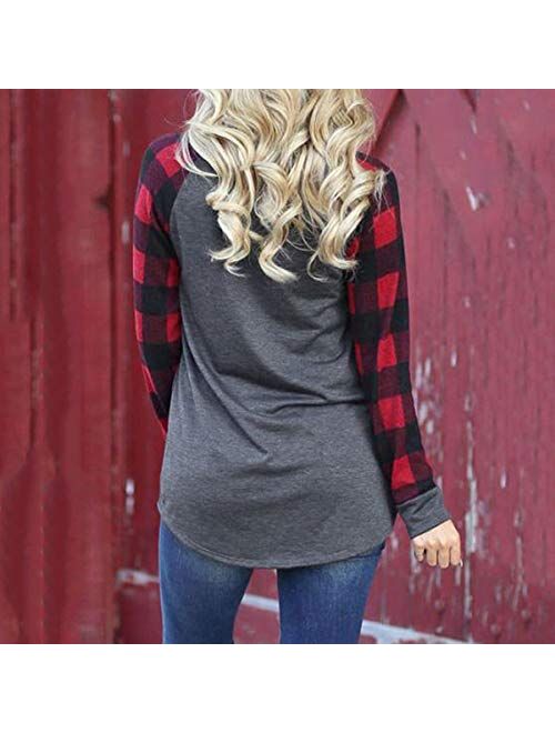 Women Merry Christmas Sweatshirt Long Sleeve Plaid Leopard Xmas Tree Graphic Tees Baseball Tops Blouse