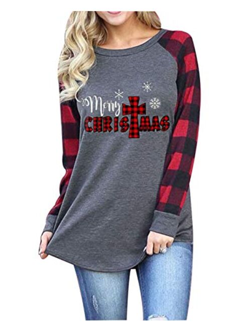 Women Merry Christmas Sweatshirt Long Sleeve Plaid Leopard Xmas Tree Graphic Tees Baseball Tops Blouse