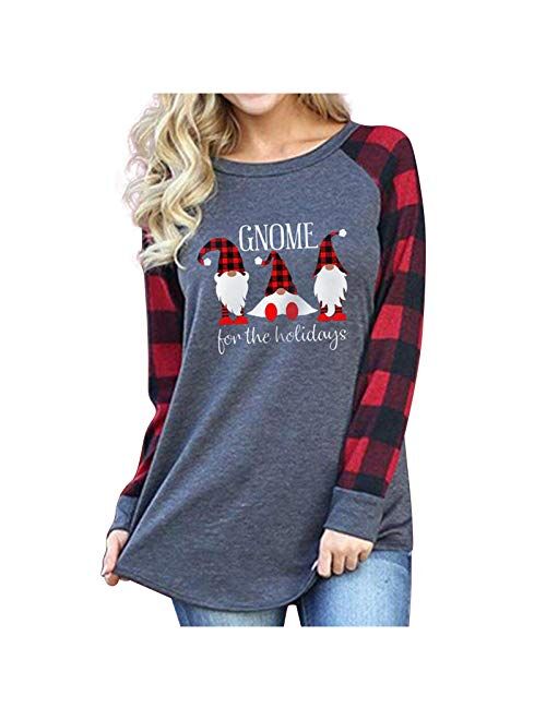 Cmofter Christmas Women's T-Shirt Tops Fashion O-Neck Long Plaid Sleeve Scandinavian Christmas Gnome Print Casual Blouse Tops