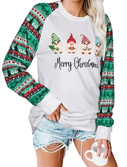 MYHALF Christmas Gnomes Shirts Women Let It Snow T-Shirt Xmas Plaid Splicing Tshirt Holiday Long Sleeve Tee Tops