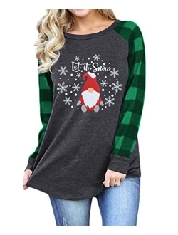 MYHALF Christmas Gnomes Shirts Women Let It Snow T-Shirt Xmas Plaid Splicing Tshirt Holiday Long Sleeve Tee Tops