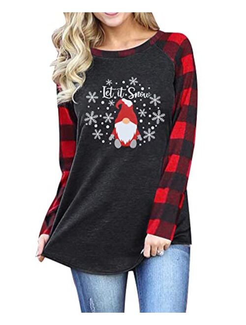 MYHALF Christmas Gnomes Shirts Women Let It Snow T-Shirt Xmas Plaid Splicing Tshirt Holiday Long Sleeve Tee Tops