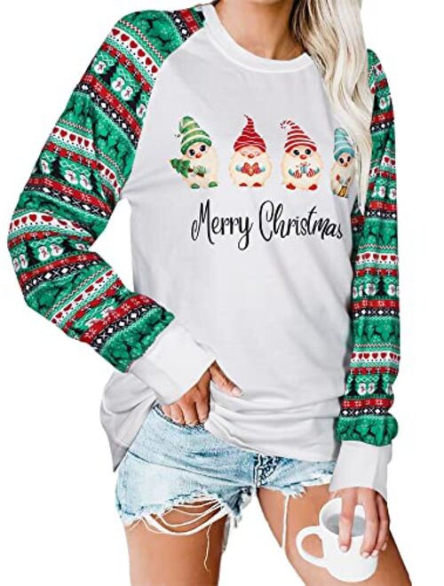 MYHALF Christmas Gnomes Shirts Women Let It Snow T-Shirt Xmas Plaid Splicing Tshirt Holiday Long Sleeve Tee Tops