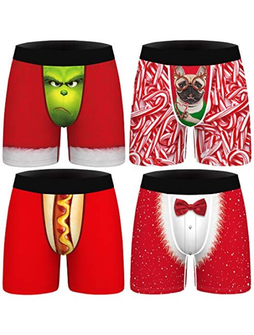 FLYCHEN Men Christmas 4 Pack Boxer Briefs 3D Printed Funny Underwear