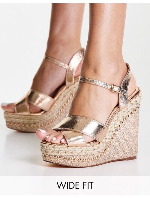 River Island Wide Fit metallic heeled espadrille wedge in rose gold