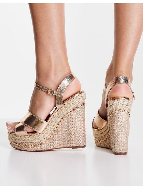 River Island Wide Fit metallic heeled espadrille wedge in rose gold