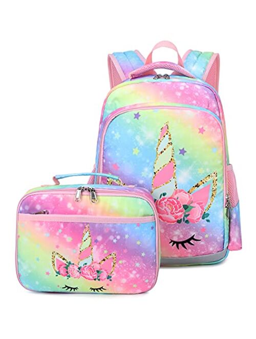 Backpack for Girls Kids Backpack with Lunch Box Lightweight Rainbow Preschool Kindergarten Bookbag