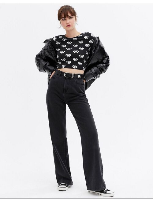 New Look 00's heart print long sleeve top in black