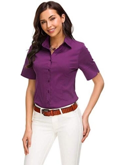 Atnlewhi Womens Basic Button Down Shirts Cotton Simple Short Sleeve Stretch Formal Casual Blouse