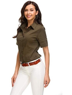 Atnlewhi Womens Basic Button Down Shirts Cotton Simple Short Sleeve Stretch Formal Casual Blouse