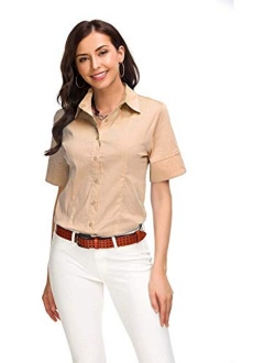 Atnlewhi Womens Basic Button Down Shirts Cotton Simple Short Sleeve Stretch Formal Casual Blouse