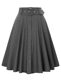 Women's Stretch High Waist A-Line Flared Midi Skirts with Pockets & Belts