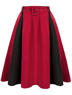 Women's Stretch High Waist A-Line Flared Midi Skirts with Pockets & Belts