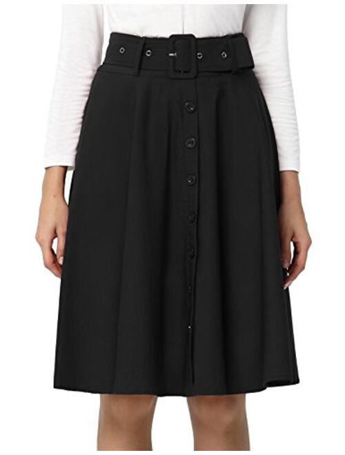 Belle Poque Women's Stretch High Waist A-Line Flared Midi Skirts with Pockets & Belts