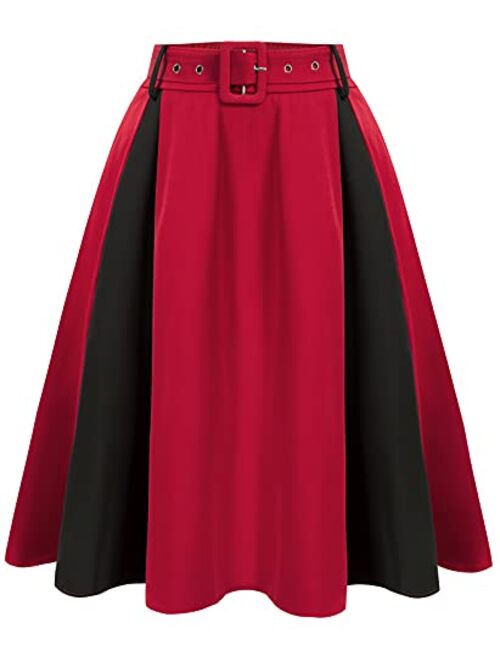 Belle Poque Women's Stretch High Waist A-Line Flared Midi Skirts with Pockets & Belts