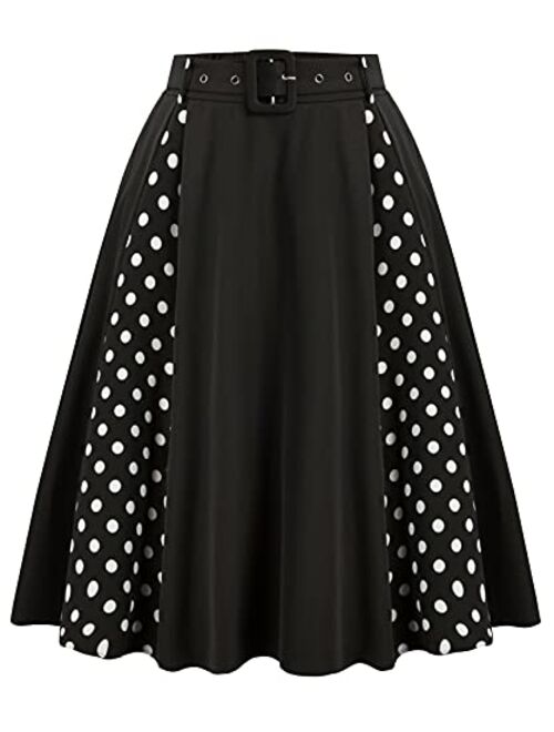 Belle Poque Women's Stretch High Waist A-Line Flared Midi Skirts with Pockets & Belts