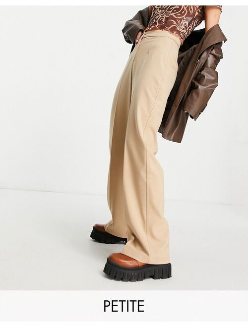 Bershka Petite wide leg slouchy dad tailored pants in camel