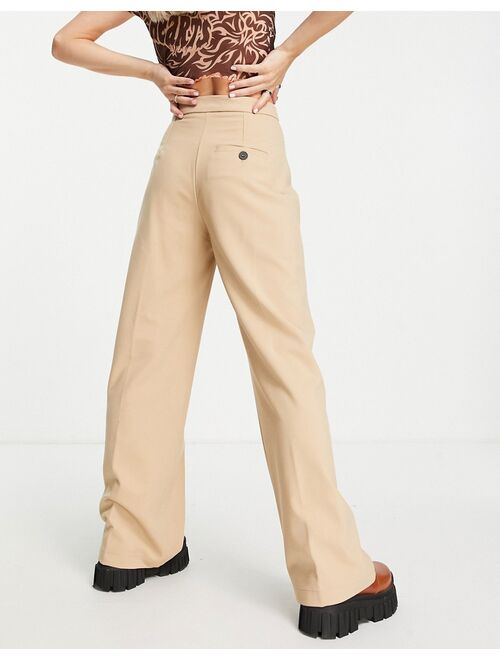 Bershka Petite wide leg slouchy dad tailored pants in camel