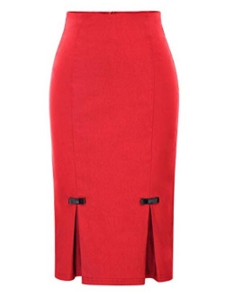 Women Midi High Waist Office Stretchy Pencil Skirt with Bow-Knot BP587