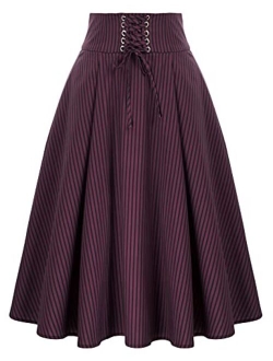 Women Vintage Midi Skirt Lace Up Gothic Skirt with Pockets