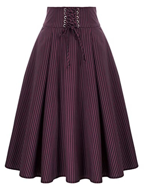 Belle Poque Women Vintage Midi Skirt Lace Up Gothic Skirt with Pockets