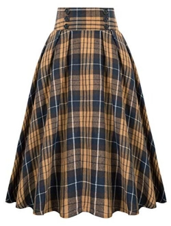 Women Plaid Skirt Vintage High Waist Pleated Skirt with Pockets BPA020