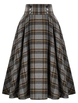 Women Plaid Skirt Vintage High Waist Pleated Skirt with Pockets BPA020