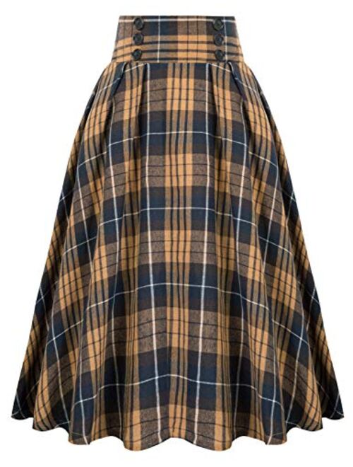 Belle Poque Women Plaid Skirt Vintage High Waist Pleated Skirt with Pockets BPA020