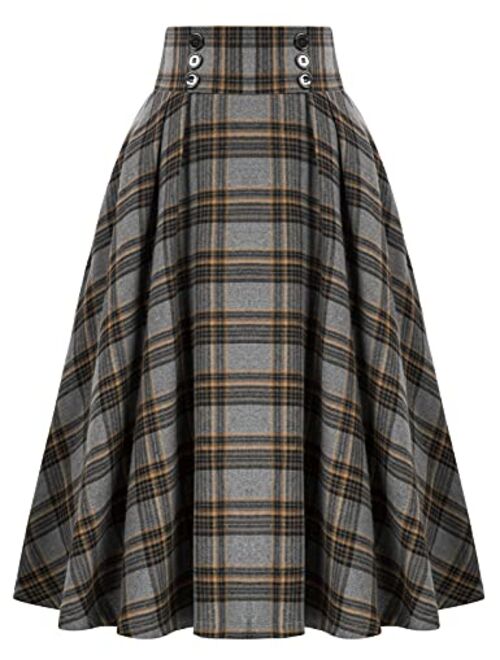 Belle Poque Women Plaid Skirt Vintage High Waist Pleated Skirt with Pockets BPA020