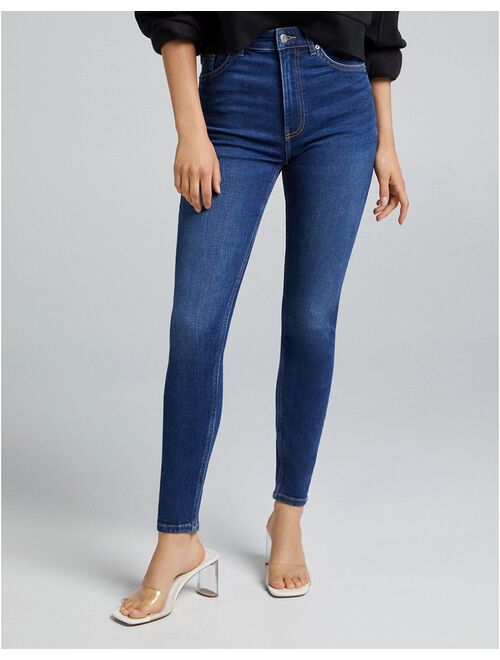 Buy Bershka high waist skinny jeans in dark blue online | Topofstyle