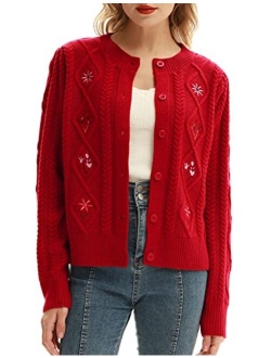 Women's Vintage Embroidery Chunky Cable Knit Cardigan Sweater Long Sleeve Button Down Outwear Cardigans