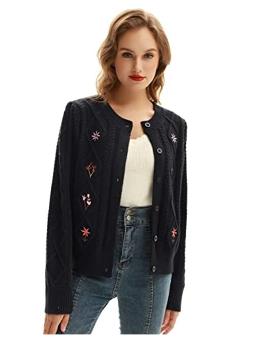 Women's Vintage Embroidery Chunky Cable Knit Cardigan Sweater Long Sleeve Button Down Outwear Cardigans