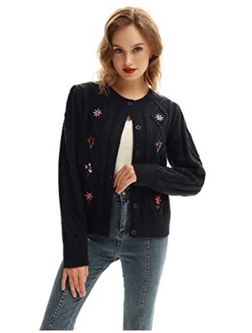 Women's Vintage Embroidery Chunky Cable Knit Cardigan Sweater Long Sleeve Button Down Outwear Cardigans