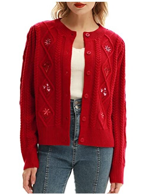 Women's Vintage Embroidery Chunky Cable Knit Cardigan Sweater Long Sleeve Button Down Outwear Cardigans