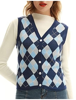 Women Vintage Sweater Vest V-Neck Sleeveless Sweater Vest Top