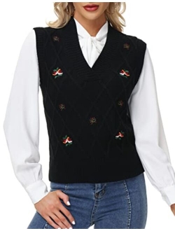 Women Vintage Sweater Vest V-Neck Sleeveless Sweater Vest Top