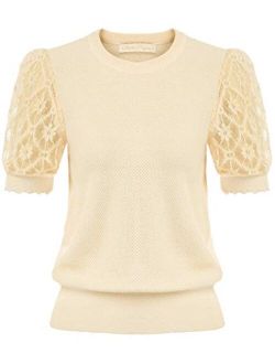 Women's Vintage Puff Sleeve Knit Tops Summer Contrast Lace Sleeve Blouses Tops