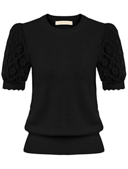 Women's Vintage Puff Sleeve Knit Tops Summer Contrast Lace Sleeve Blouses Tops