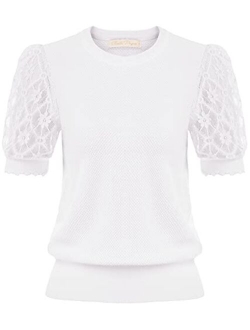 Women's Vintage Puff Sleeve Knit Tops Summer Contrast Lace Sleeve Blouses Tops