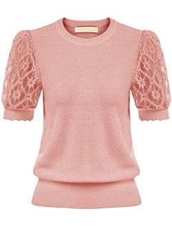 Women's Vintage Puff Sleeve Knit Tops Summer Contrast Lace Sleeve Blouses Tops