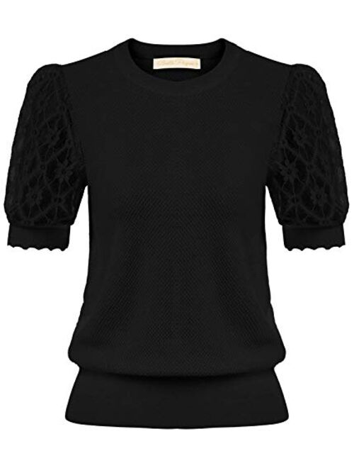 Belle Poque Women's Vintage Puff Sleeve Knit Tops Summer Contrast Lace Sleeve Blouses Tops